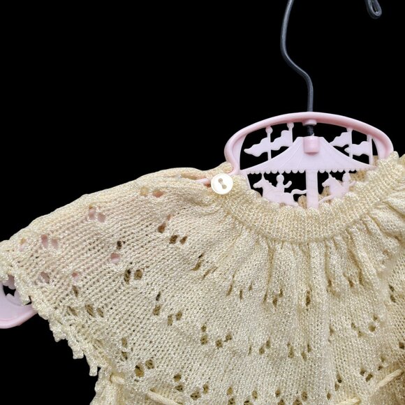 Vintage Hand Knit Baby Dress & Booties Set Off White Crochet Edges Pom Poms - Picture 7 of 10